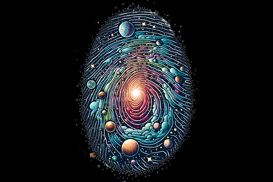 TETT-mesepályázat, Istenmese illusztrációja, ujjlenyomat alakú galaxis, közepén egy fényes nappal